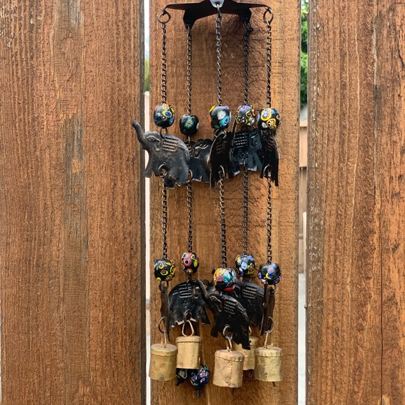 Elephant Boho Wind Chime Mobile w/ Millefiori Porcelain Beads Recycled Cow Bells - Picture 12 of 13
